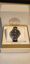 Versace V-Circle Women’s Quartz Watch Black/Gold Dial Roman, Leather, Box picture