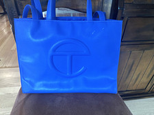Telfar Blue Medium Tote Bag Zip Closure Double Handles Logo Pattern Lined picture