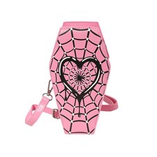 TIGERSTARS PINK FAUX LEATHER GOTHIC HEART SPIDERWEB PRINTED COFFIN CROSSBODY BAG picture