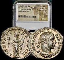 Bold 222-235 AD Severus Alexander Ancient Roman Silver Denarius NGC Choice AU picture