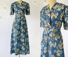 Vtg 1940s Cornflower Blue Wrap Dress or Dressing Gown Ivy Botanical Print, Small picture