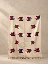 Vintage Handwoven Wool Butterfly Rug Folk Art Textile 54x72 Colorful Fringe picture