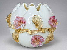 Antique Applied Roses Vaseline Glass Hand Art Ruffled Bowl picture