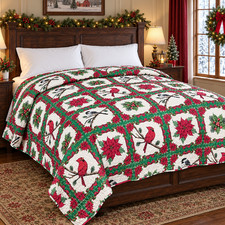 King Christmas Cardinal Chickadee Quilt 102x86 Poinsettia Holly Holiday New picture