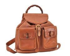 Authentic GUCCI Vintage Bamboo Drawstring Backpack Leather Brown 524AB picture
