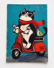Giuseppe Has Places To Be Cat ACEO Hand Painted Original Funny Scooter Art picture