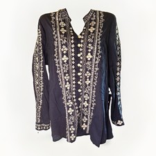 Chico's Blue/White Embroidered Woven Button Front Long Sleeve Blouse Size 2 picture