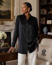 LaSoie 100% Silk Black Button Front Tunic Blouse Women’s M Long Sleeve Shirt picture