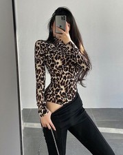 Gaze Women’s Leopard Print Bodysuit Size S long sleeve High Neck Snap Bottom picture