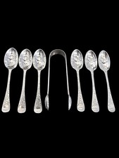 Victorian Sterling Silver 6 Teaspoons & Sugar Tongs London 1883 Engraved 110g picture