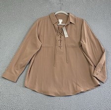 NWT Chico's 2 Blouse Large Brown Long Sleeve Top Casual Career Boyfriend Tunic picture