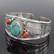 Vintage Turquoise Crystal Bracelet Silver Color Leaf Open Cuff Woman Jewelry picture
