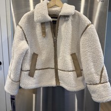 ZARA Double Faced Faux Shearling Jacket Ecru Tan Aviator Biker Teddy Coat 6318 picture