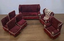 Antique German Dollhouse Parlor Set 7 Sofas Chairs Lion Head Rings Velvet Fringe picture