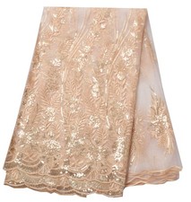 Old DIrd African French Lace Fabric 5 Yards Embroidered Sequins Wedding Beige picture