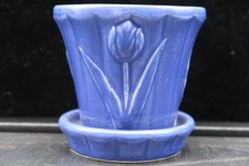 Vtg Shawnee Pottery Cobalt Blue Tulip Flower Pot Attached Saucer USA Mark VGC picture