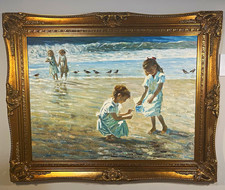 Children on the Beach oil on canvas signed by M. Yinling picture