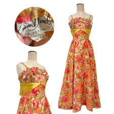 Vintage 1960s Emma Domb Floral Rhinestoned Pink & Orange Gown picture