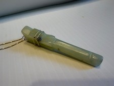 ANCIENT CHINESE H/CARVED LIGHT GREEN JADE SMOKING PIPE WITH STERLING WIRE WRAP picture