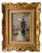 19th Century Circle of Eugene Boudin Oil on Canvas Signed Ships Port Moonlight picture