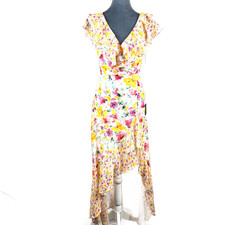 Lulus Women's Maxi Dress XS White Floral Ruffle Wrap High-Low Style & Tie Back  picture