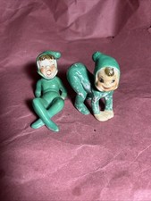Vintage 1950s Japan Ceramic Pixie Elf Figurines Pair Green Kitsch Christmas MCM  picture
