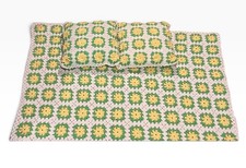 Vintage Crochet Afghan 80x58 2 Pillow Set 3D Daisy Yellow Green Granny Square picture