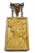 Sajen Sterling Silver Carved Yellow Jasper Geisha Pendant Gorgeous picture