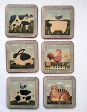6 Vtg Pimpernel Folk Art Primitive Farm Animal Cork Backed Coasters Farm House picture