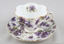 Vintage Ceramic Tea Cup And Scalloped Saucer, Purple Pansy Floral Gold Trim picture