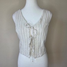 Kirious Los Angeles Cream Pinstripe Tie Front Linen Blend Vest Top Medium picture