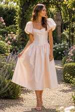 Lulus Women's Size Large Charm Cream Taffeta Puffed Sleeve Midi Dress picture