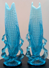 Antq 1902 Northwood 1905 Dugan Blue Opalescent Corn Vases Pair Uranium EAPG  picture