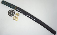 Antique Edo Period Japanese Koshirae Wheel Tsuba Green Tsuka Saya Habaki 0727G15 picture