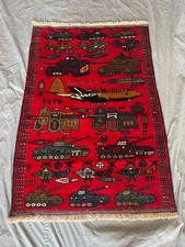 Historic Military Treasure Red Afghan War Rug 3'3x4'9 Vintage Pictorial Wall Art picture
