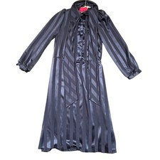 VTG 70s Tie Neck Shirtwaist Dress Size Large Navy Blue Tonal Striped Long Sleeve picture