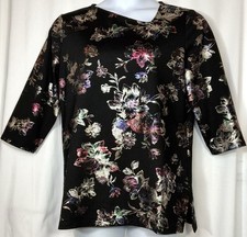 Chico's 3/4 Slv Black/multi Metallic Top Sz 2 Asymmetrical Neckline EUC picture