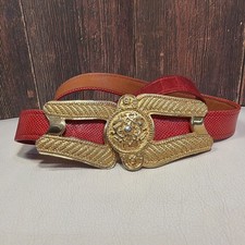Vintage Alexis Kirk statement belt Gold art deco Panel buckle Red Snakeskin picture