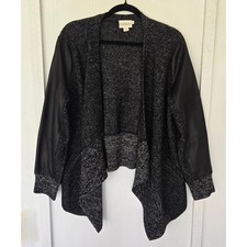Pure DKNY Wool Linen Cardigan Lambskin Leather Sleeve Black Gray M/L Edgy Indie picture