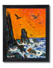 Guajardo Art Original 14x11 Impressionism Coastal Sunset Birds Painting Wall Art picture