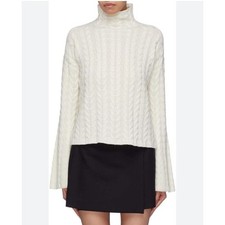 Theory Funnel Neck Cable Knit 100% Cashmere Bell Sleeves Ivory Sz S NEW picture
