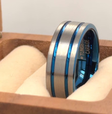 Man's Wedding Ring, Blue Tungsten Ring, Anniversary Ring, Flat Engagement Ring picture