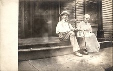 Old Folks Reading Newspaper couple on porch CANDID AMATEUR c1910s RPPC bhn picture