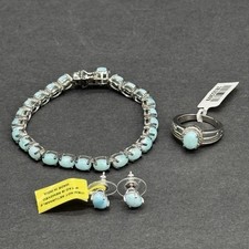 3pc Genuine Blue Larimar 925 Sterling Silver Ring 7 Bracelet Stud Earrings Set picture