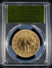1849 (2025) $20 SSCA GOLD PLATED SILVER TYPE I LIBERTY PCGS-GOLD LABEL GEM BU picture
