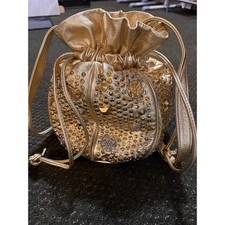 Fabulous Vintage 1980’s Gold Leather Studded Drawstring Bucket Bag picture