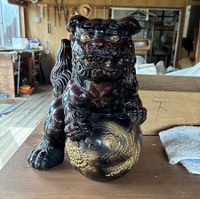 Japanese Tokoname Ware Shishi Lion Eiju Signed Foo Dog Pottery Statue 13” picture