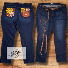 Hand Painted Old Navy Jeans OOAK Mod Retro Flower Yellow Orange 70s Boho Plus 20 picture