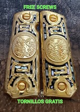 Gold plated Abalone govermment 1911 gun grips Narco style Cachas Centenario coin picture