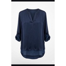 Chicos Navy Blue Layered High Low Tunic V-Neck Roll Tab Sleeve Top Size XL picture